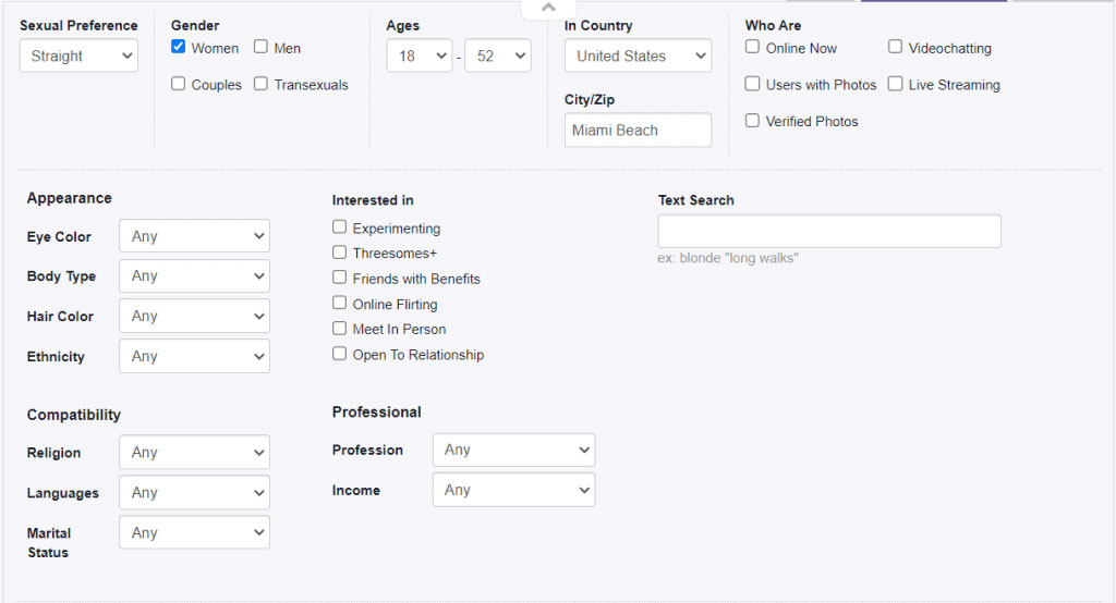 search preference options